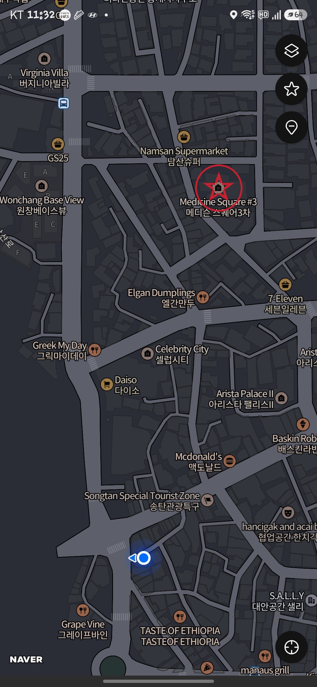 Map showing Madison SQ 3 (labeled Medicine Square #3 on Naver) across from Osan AB Main Gate